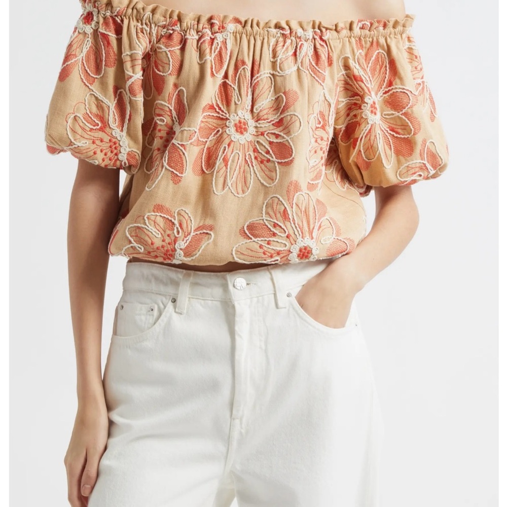 Ramy Brook Tan and White Floral Off-Shoulder Blouse